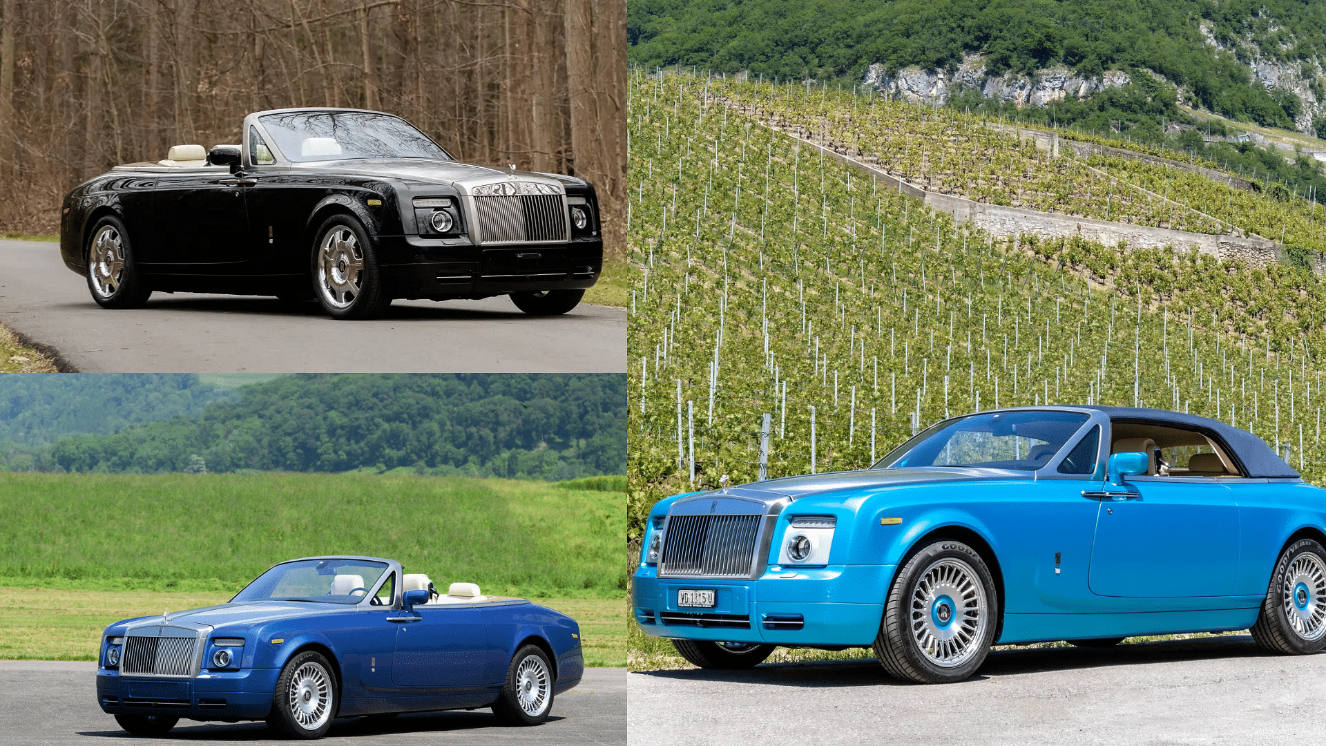 stock images of the Sultan of Brunei's Rolls-Royce Phantom Drophead Coupé shown in black, dark blue, and light blue colors