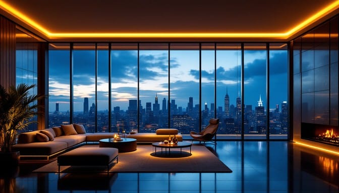 Modern luxury penthouse interior overlooking the Dubai skyline at dusk