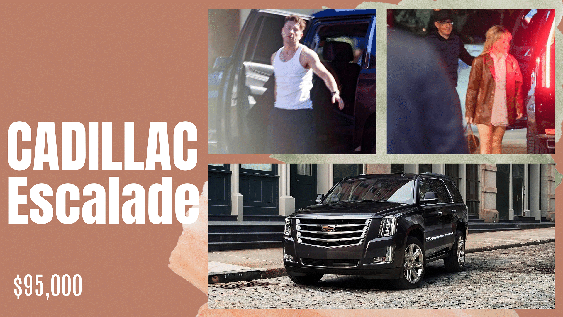 Collage of Sabrina Carpenter's black Cadillac Escalade