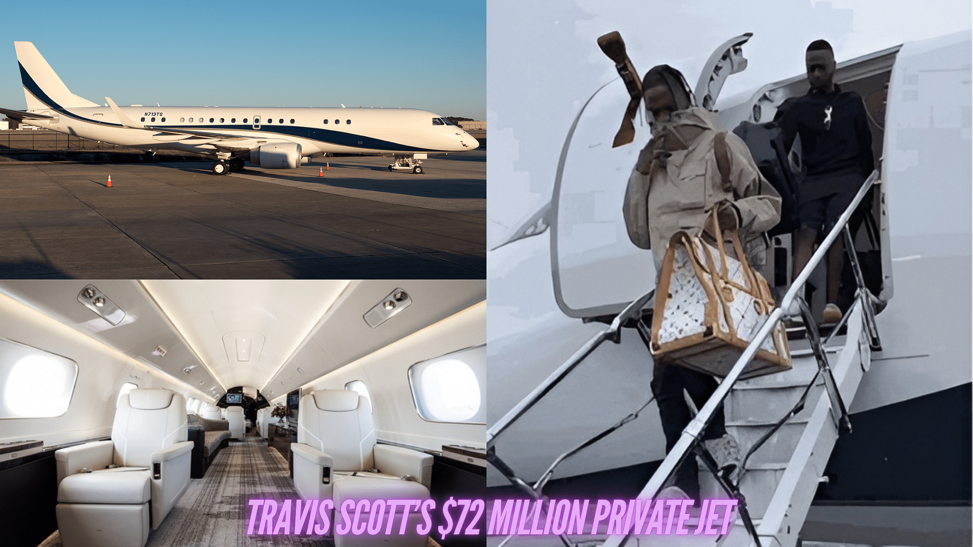 Travis Scott's $72 Million Private Jet and he is seen stepping down from his jet while carrying a Louis Vuitton luggage bag