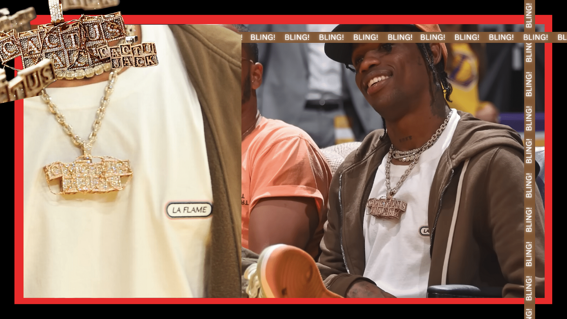 Collage of Travis Scott's barbed wire cactus Jack Block letter pendant