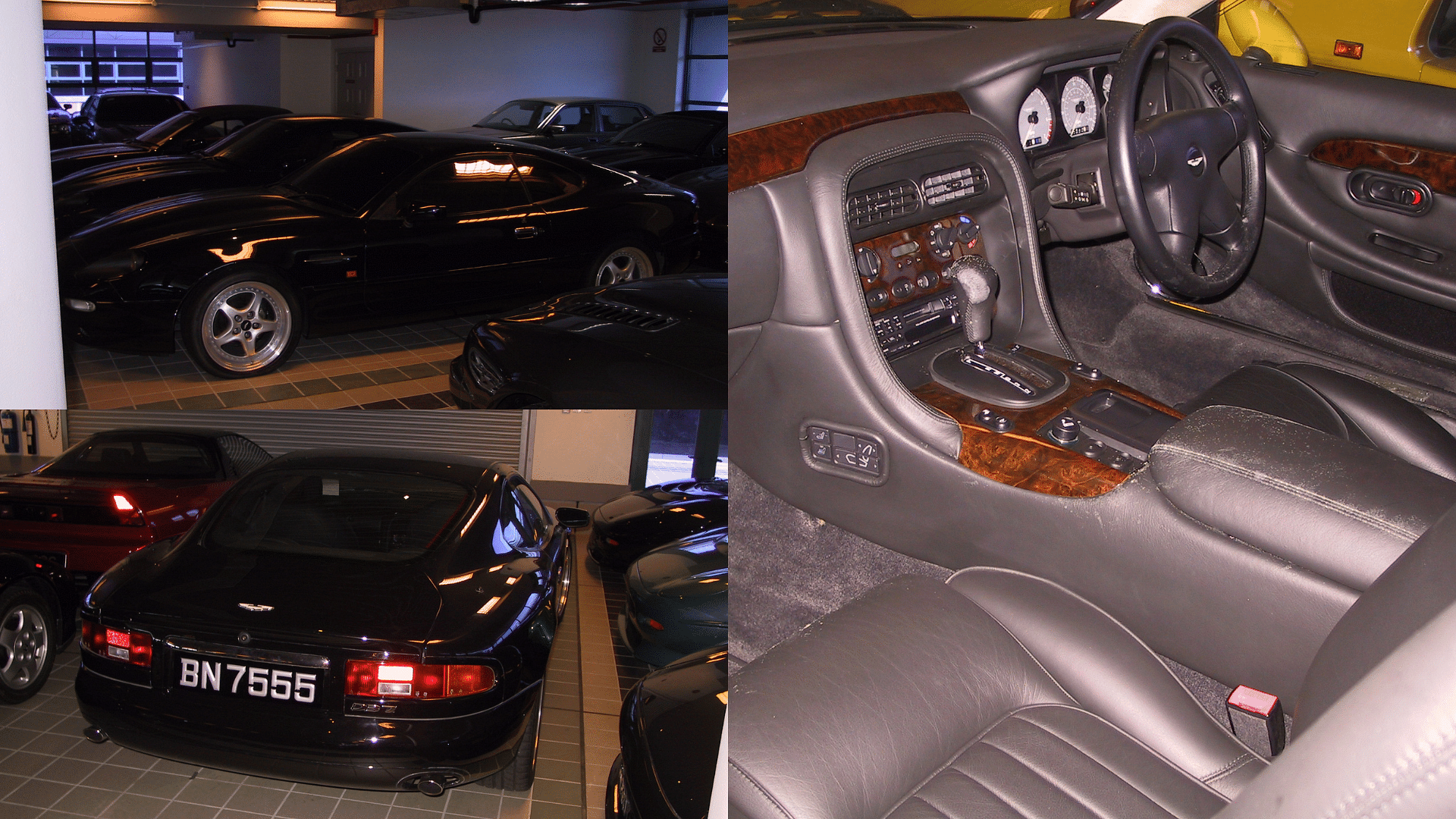 Sultan of Brunei's Aston Martin DB7 shown in black color along with an interior view which has grey seats