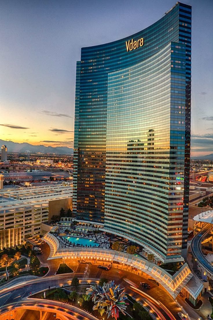 Aerial twilight view of the Las Vegas Strip skyline lined with luxury hotel towers