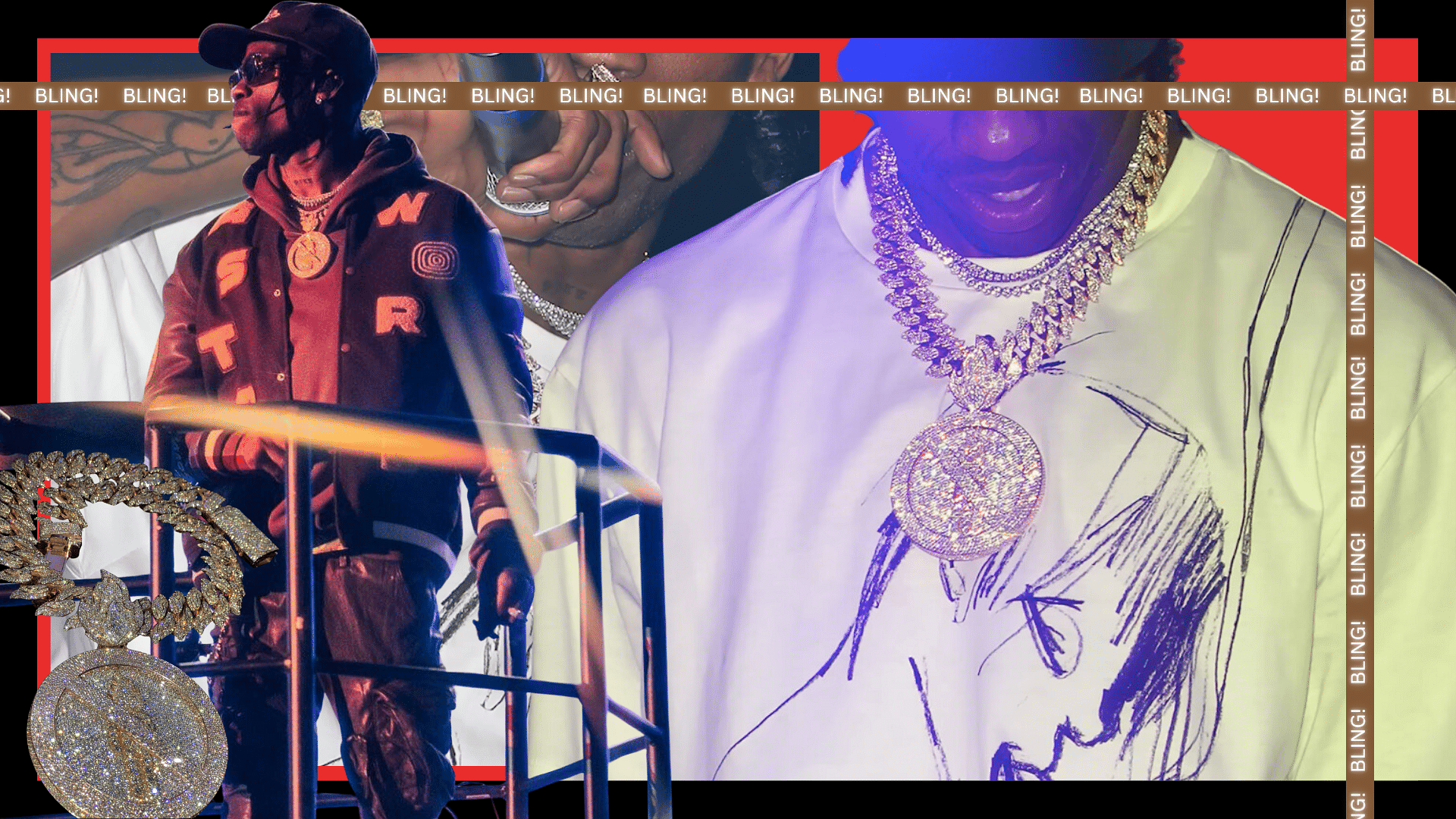 Collage of Travis Scott's no bystander chain