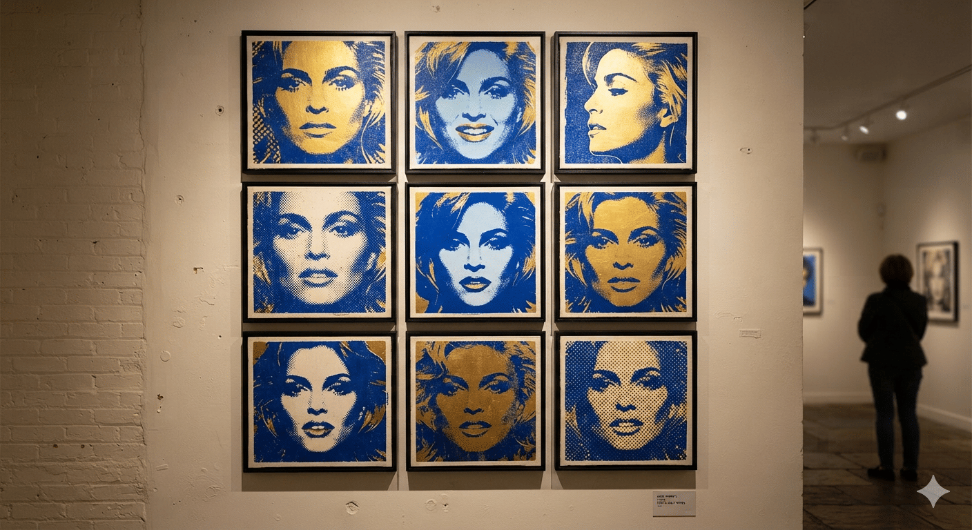 Pop-art style silkscreen portrait displayed on a gallery wall
