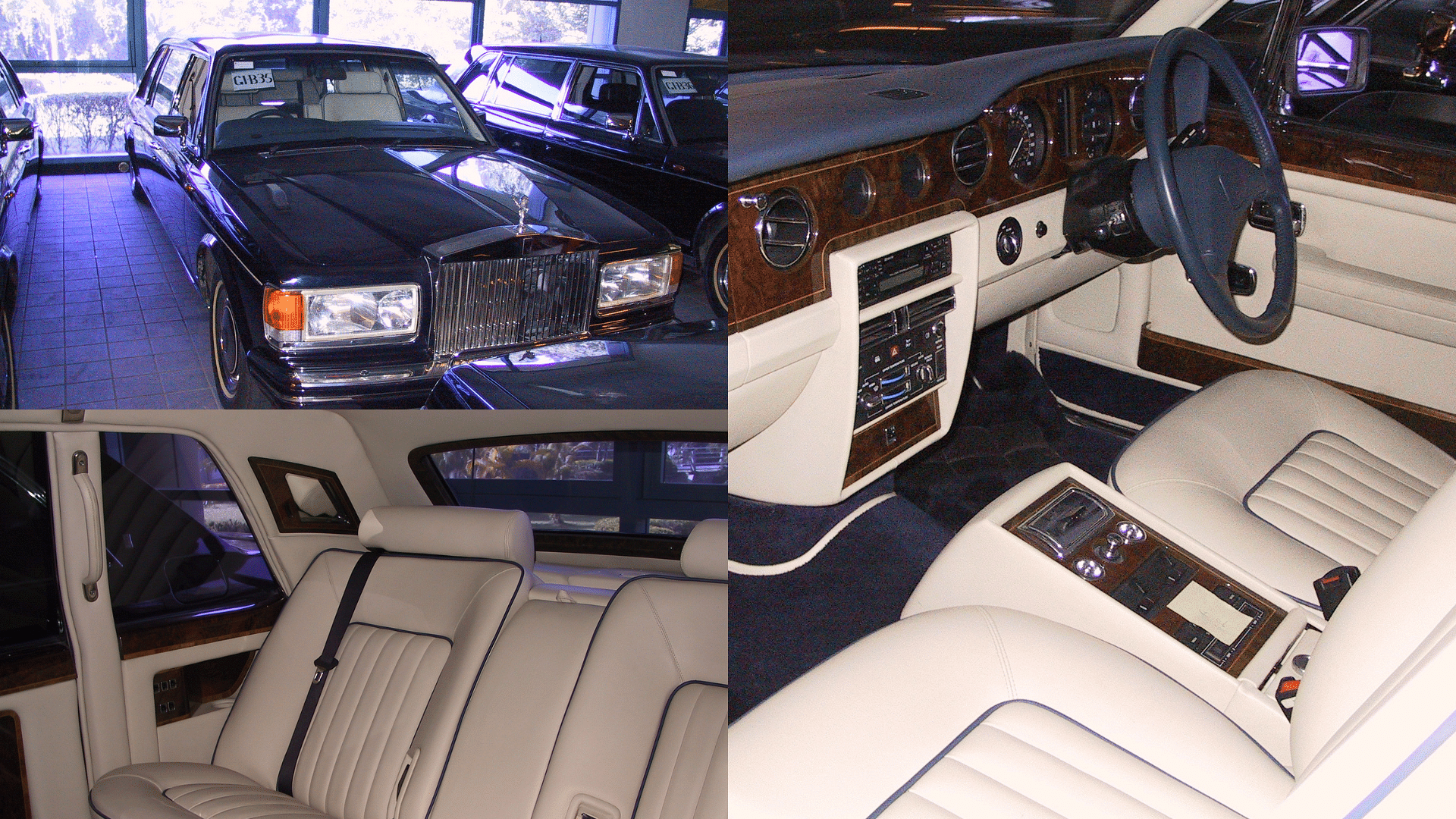 Sultan of Brunei's black Rolls-Royce Hooper shown from the front along with its white/cream interior which features dark brown wood accents