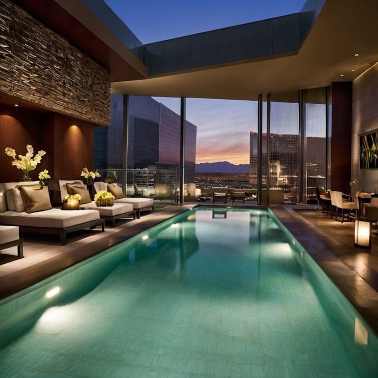Two-story luxury hotel suite with a private cantilevered pool overlooking the Las Vegas Strip at night