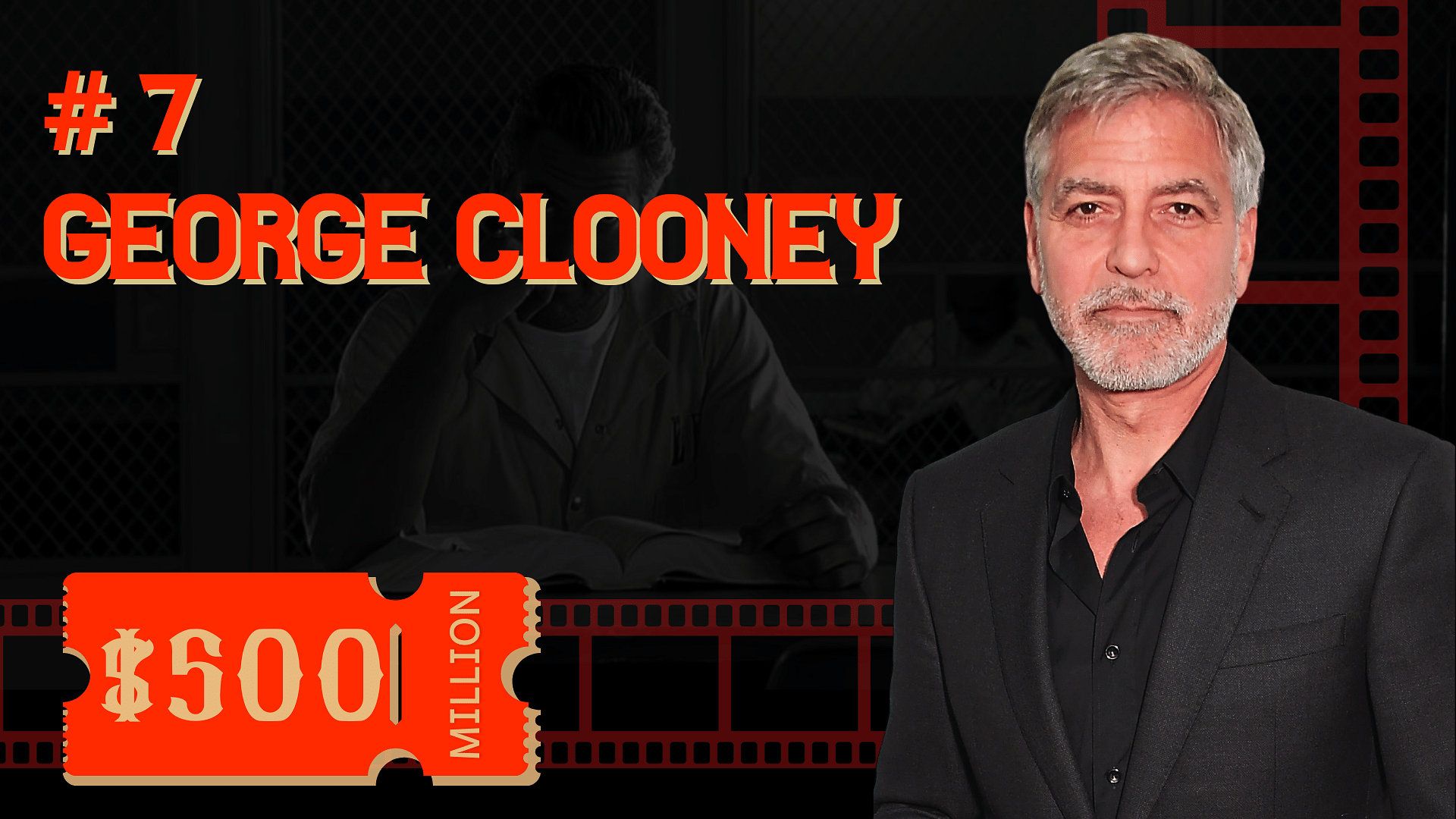 George Clooney's Net Worth and his cutout on right and one of his famous movies shot as background