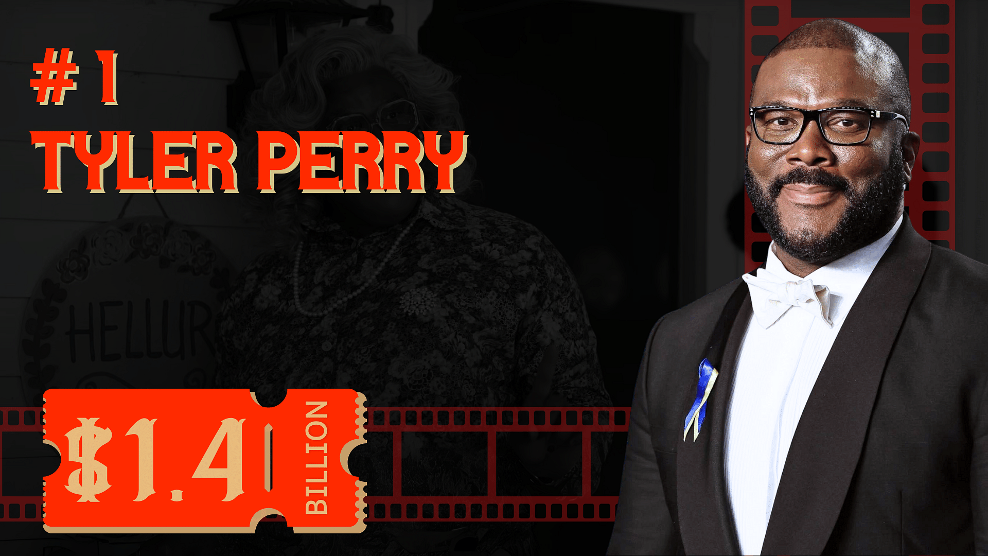 Tyler Perry's Net Worth and his cutout on right and one of his famous movies shot as background