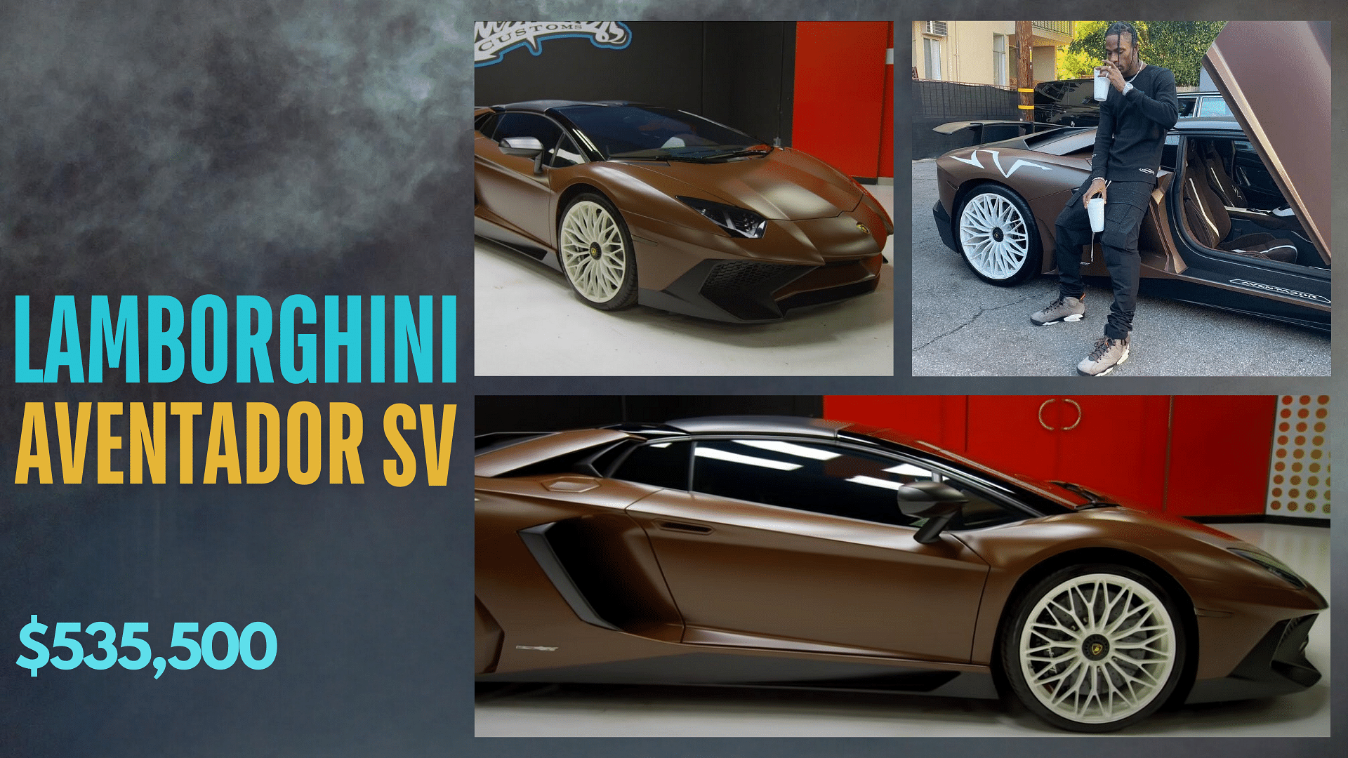 Collage of Travis Scott's Lamborghini Aventador SV