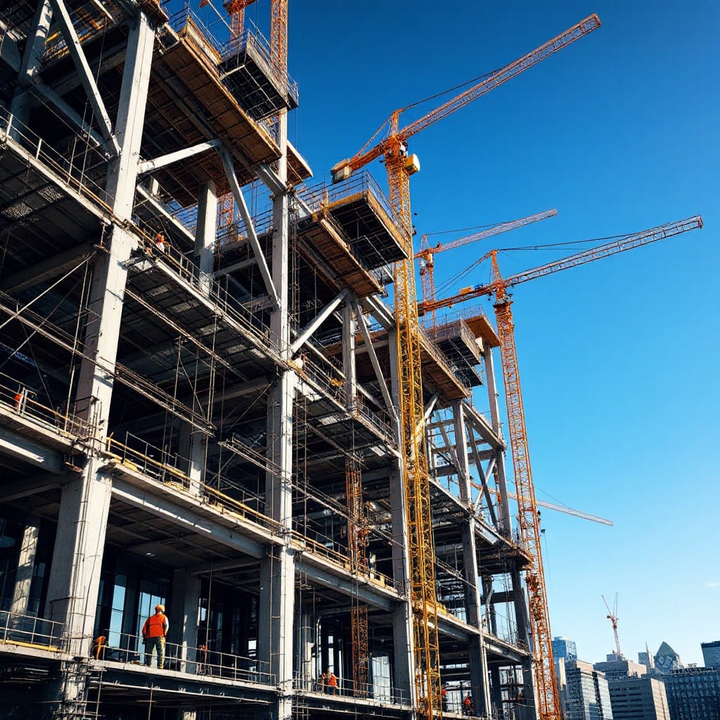 Unfinished luxury mansion under construction with scaffolding and steel framing