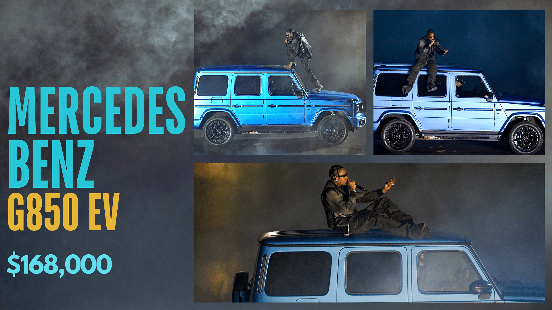 Collage of Travis Scott's Mercedes Benz G580 EV