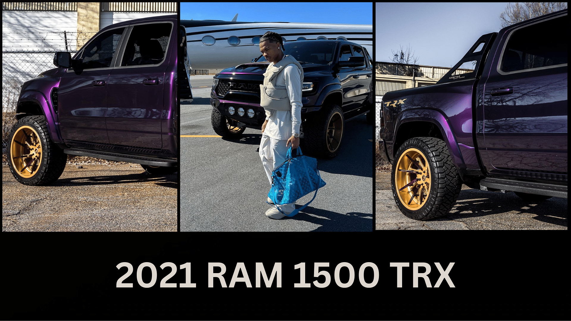 Lil Baby standing in front of his purple 2021 RAM 1500 TRX