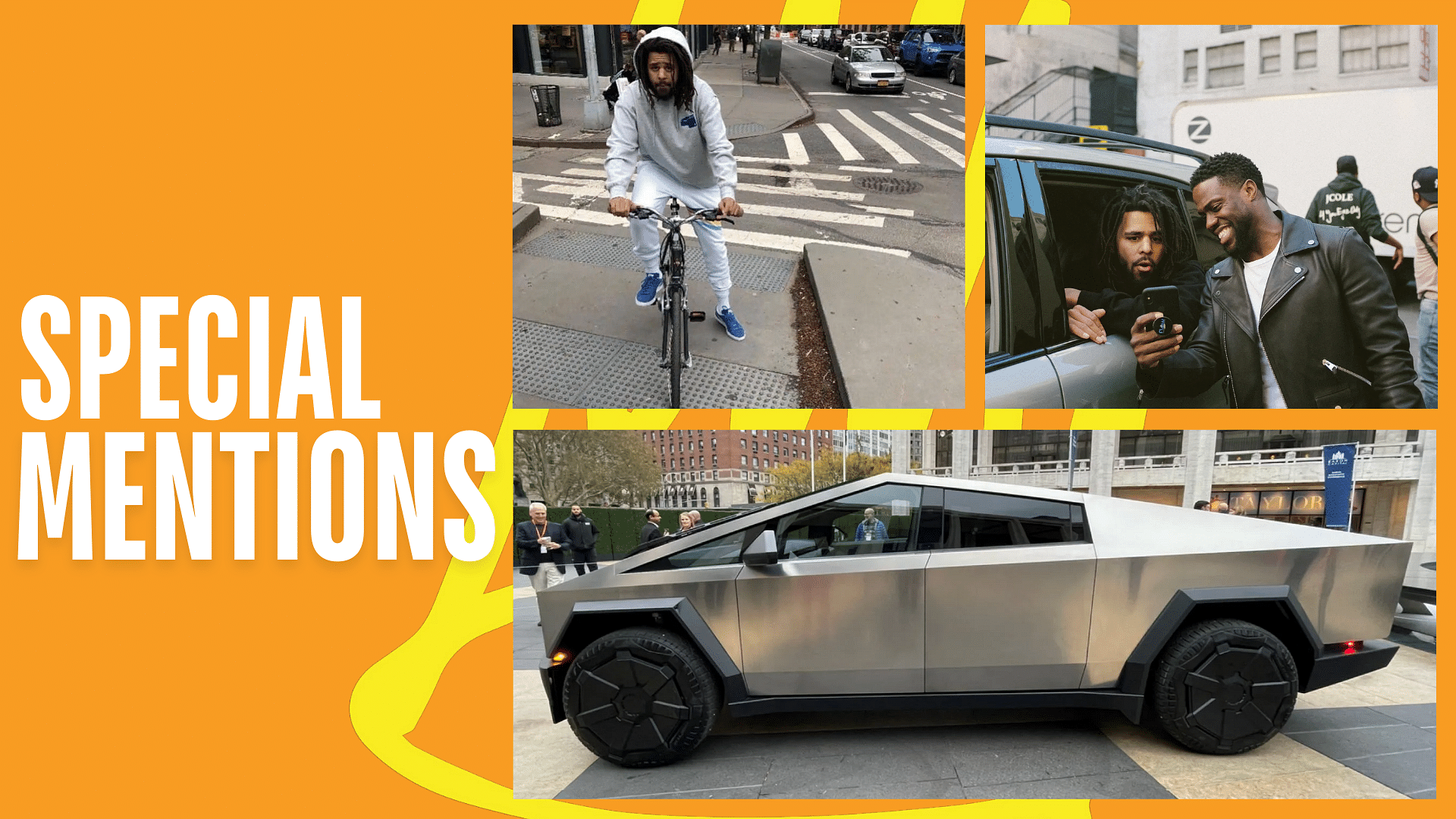 J. Cole riding a bicycle, J. Cole talking to Kevin Hart and a Tesla Cybertruck