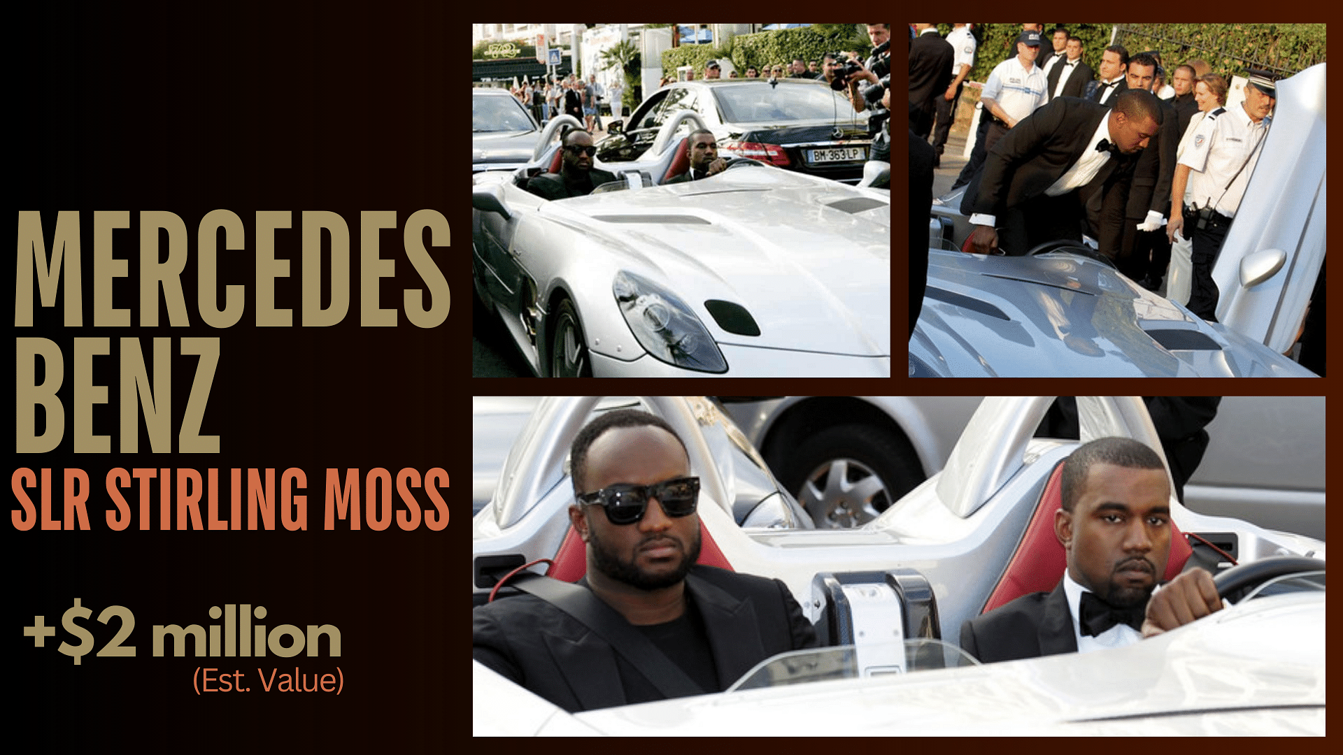 Collage of kanye west's Mercedes Benz SLR stirling mos