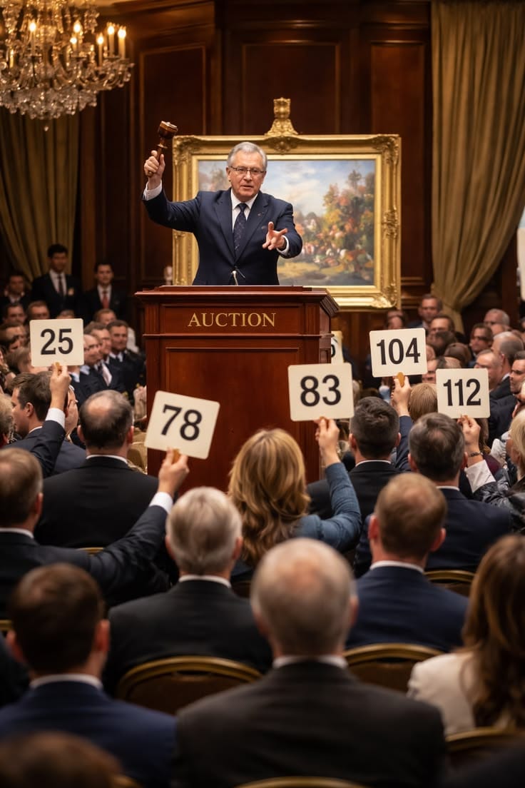 Auctioneer's gavel and bidding paddle at a classic car auction