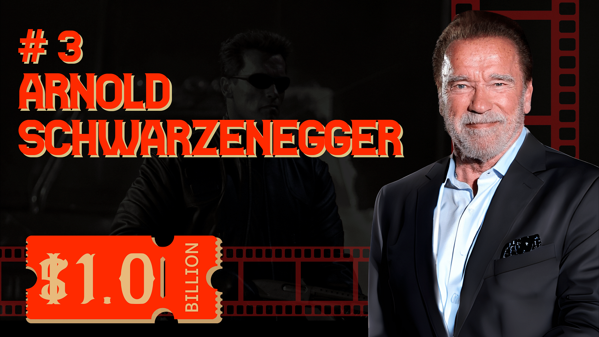 Arnold Schwarzenegger's Net Worth and his cutout on right and one of his famous movies shot as background