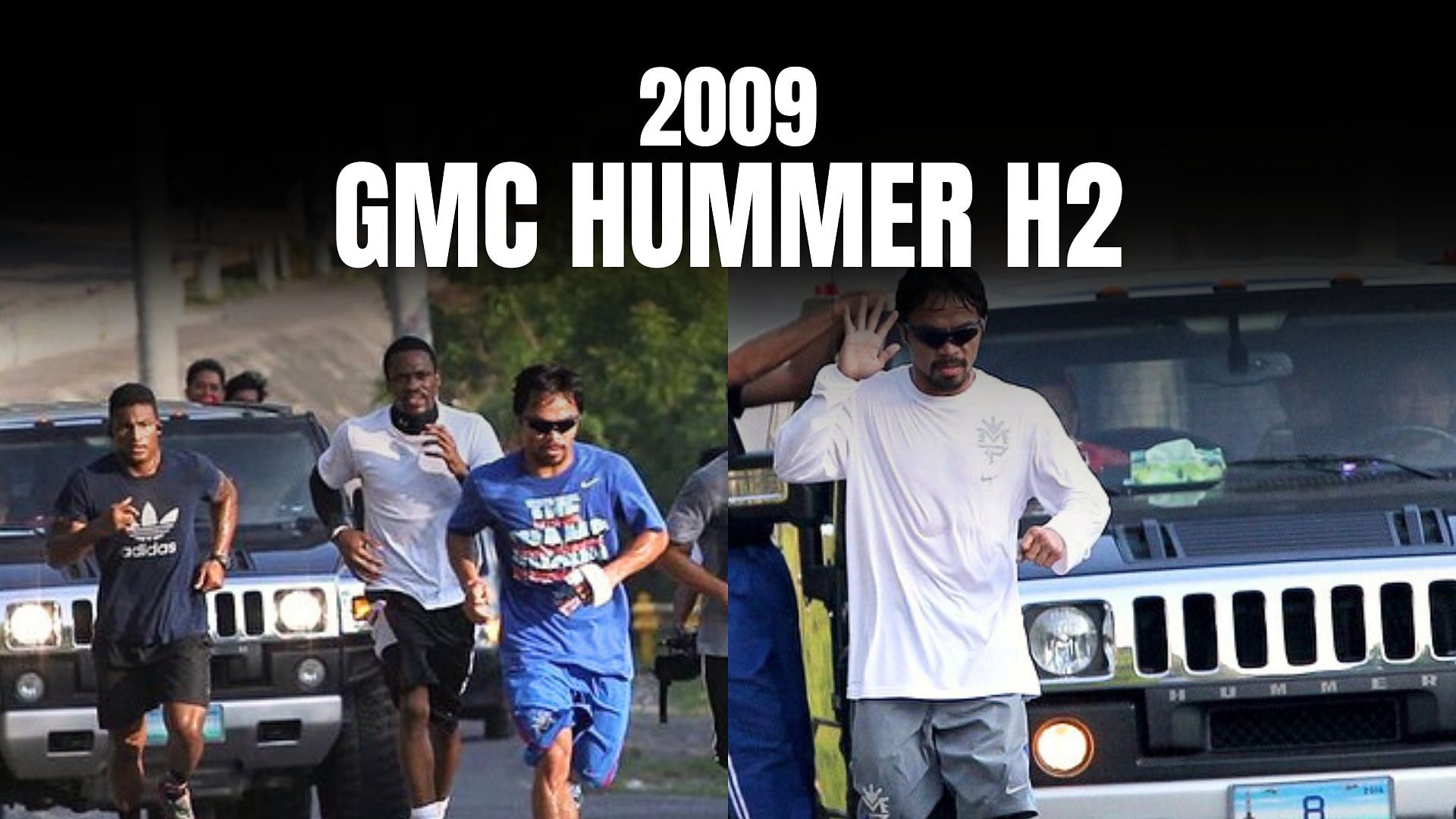 Manny Pacquiao jogging with his Hummer H2 SUV following him on the road.