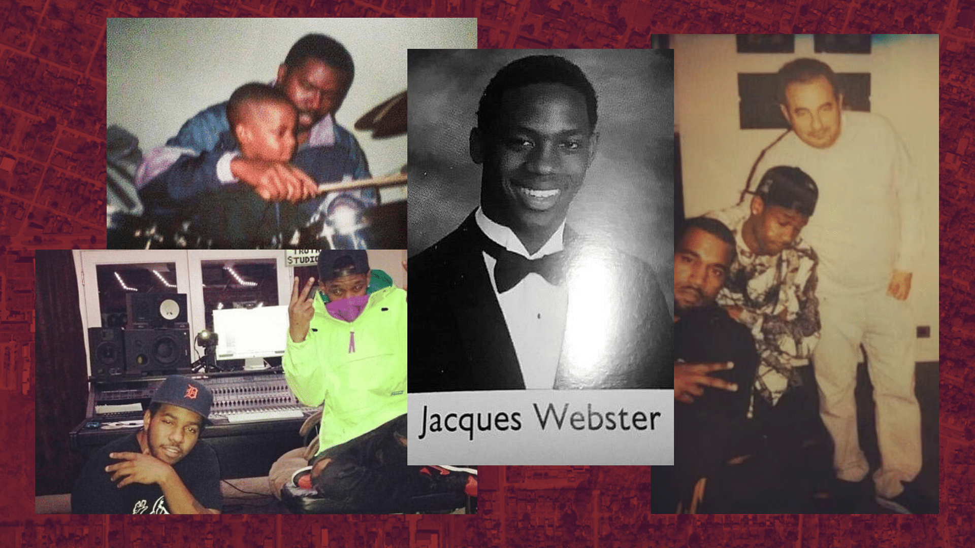 collage of Travis Scott with his father, Kanye west and school yearbook.