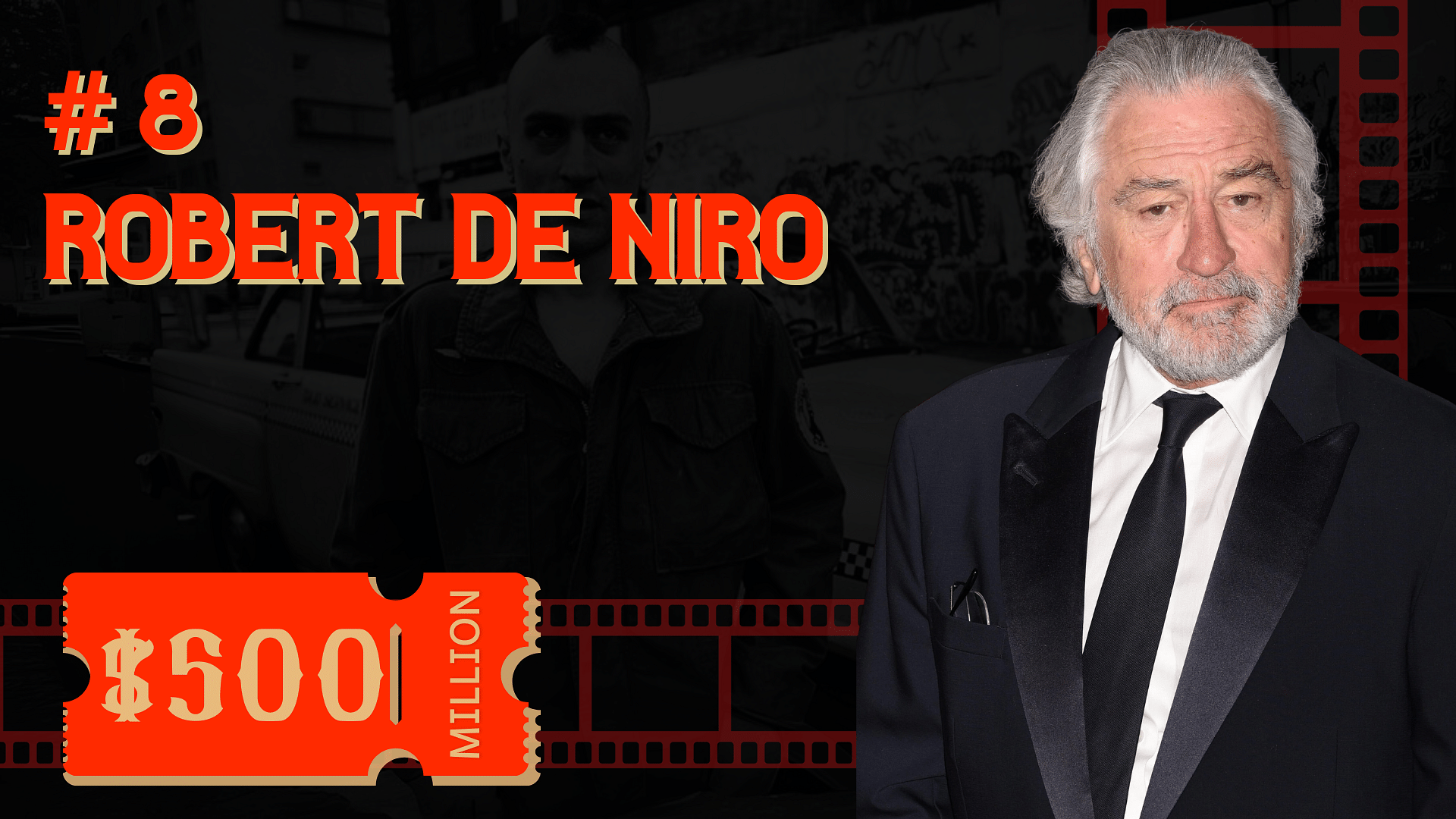 Robert De Niro's Net Worth and his cutout on right and one of his famous movies shot as background