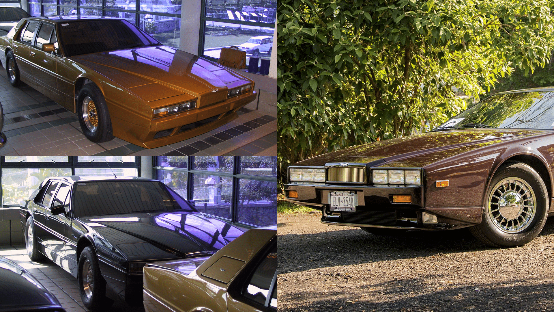 Sultan of Brunei's Aston Martin Lagonda shown in gold and black colors along with a stock image of marron Lagonda model