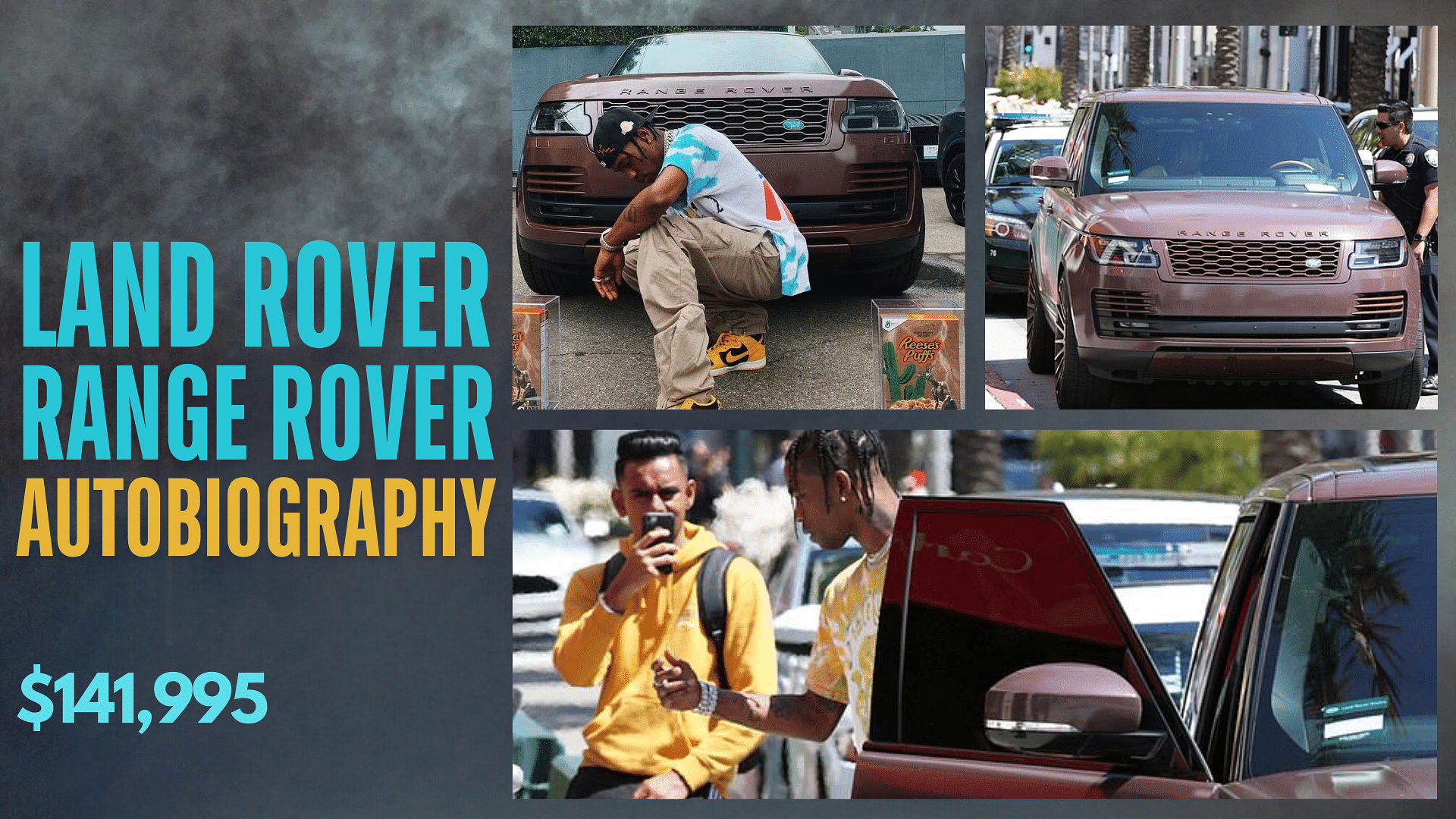 Collage of Travis Scott's brown Land Rover Range Rover Autobiography