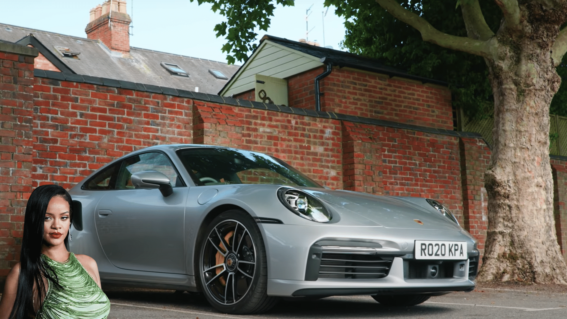 An image of a silver Porsche 911 Turbo S and an image of Rihanna at the bottom left.