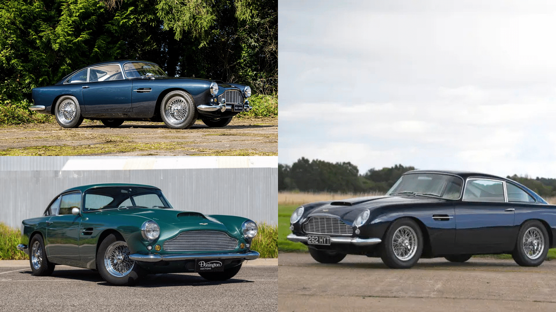 Stock images of the Sultan of Brunei's Aston Martin DB4 shown in blue, silver, British Green, and blue colors, it doesn't represents actual cars  from the Sultan's car collection