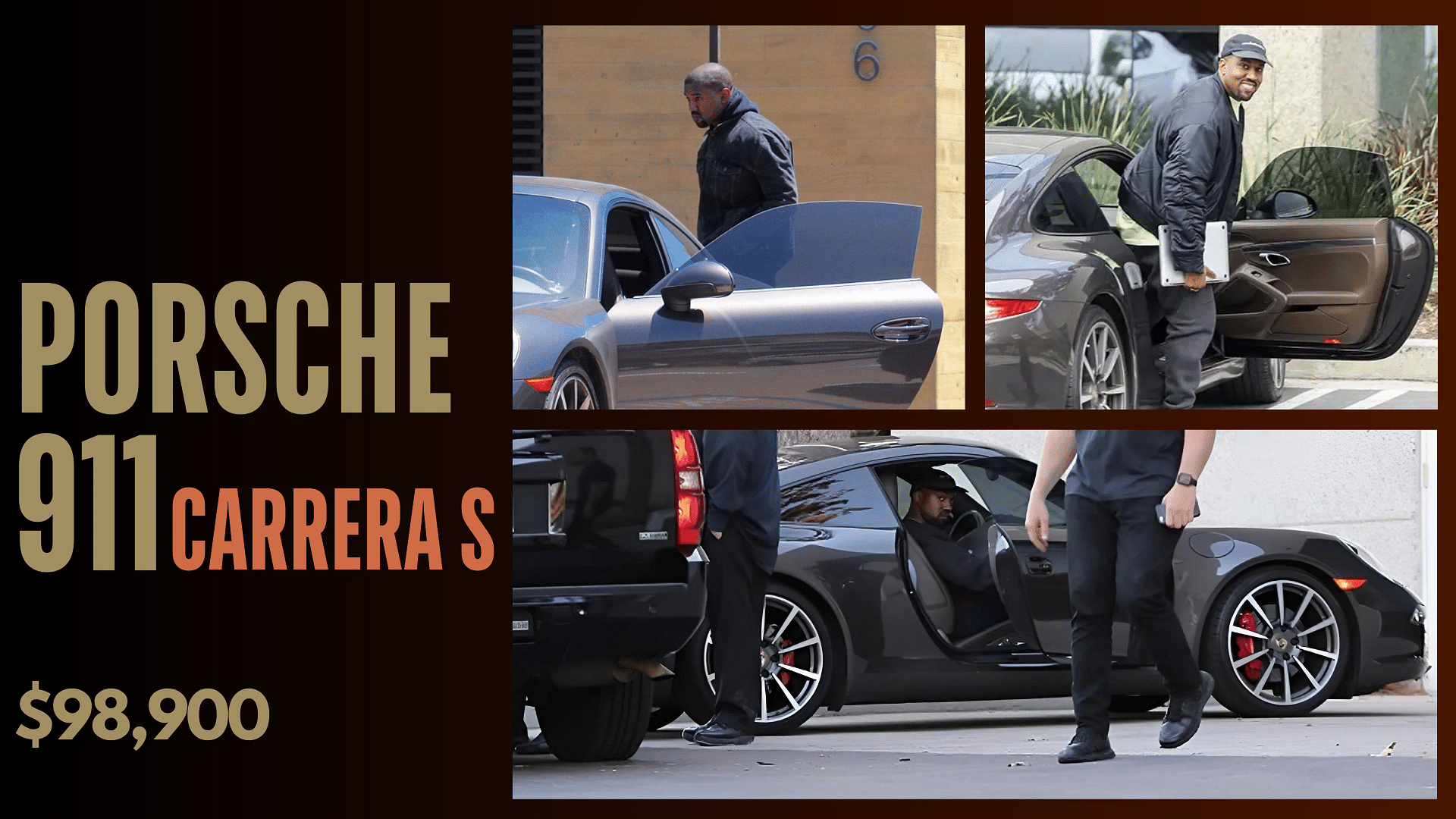 Collage of kanye west's black Porsche 911 carrera S