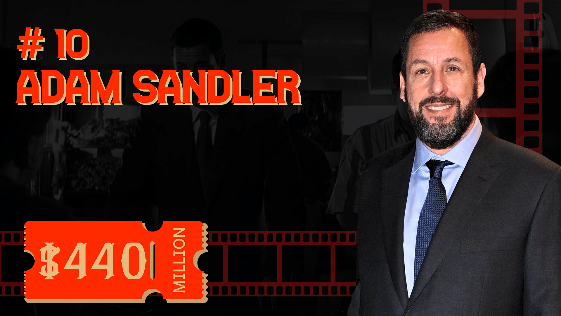 Adam Sandler's Net Worth and his cutout on right and one of his famous movies shot as background