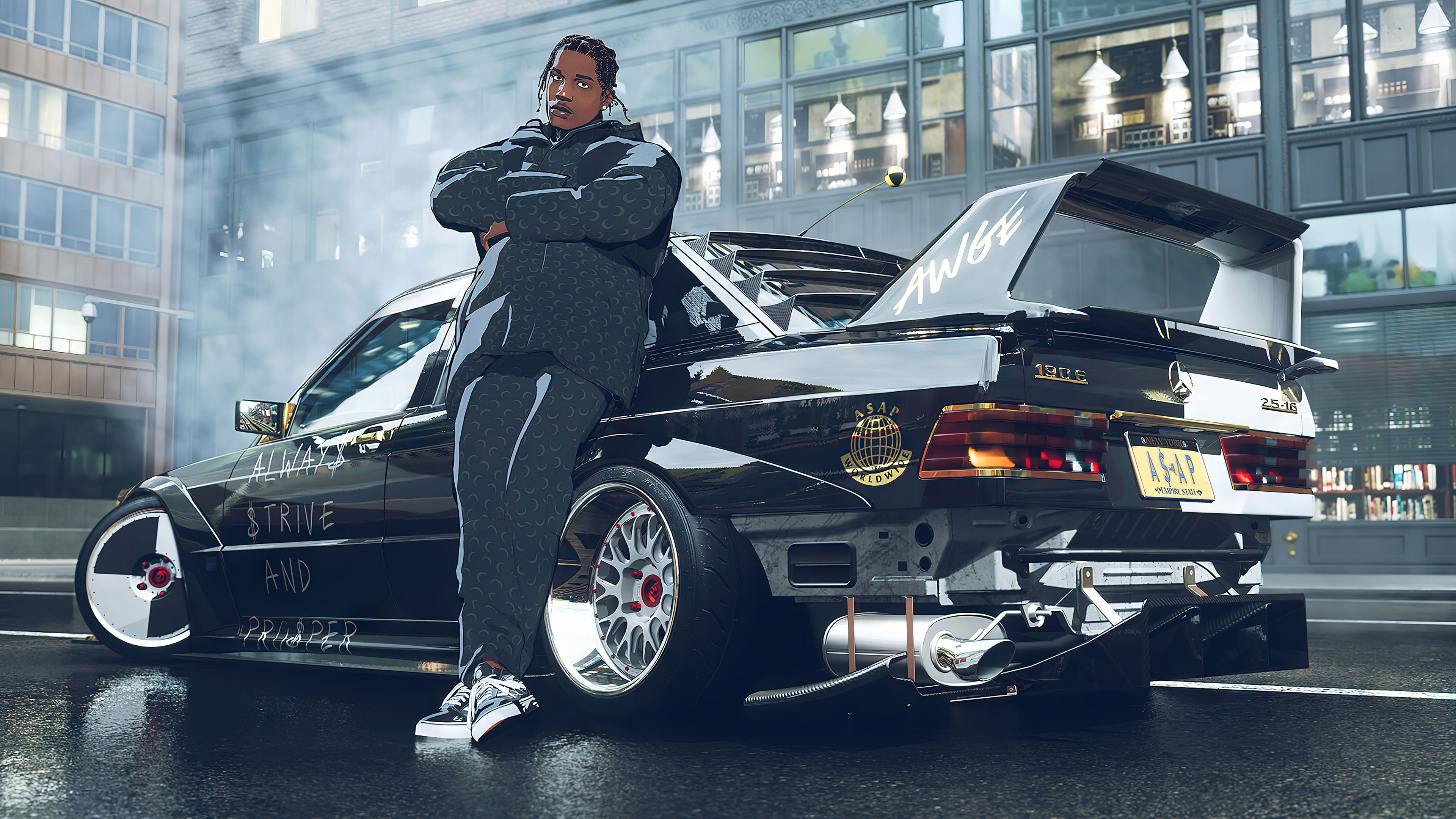 Animated image of ASAP Rocky with his custom Merc W190E