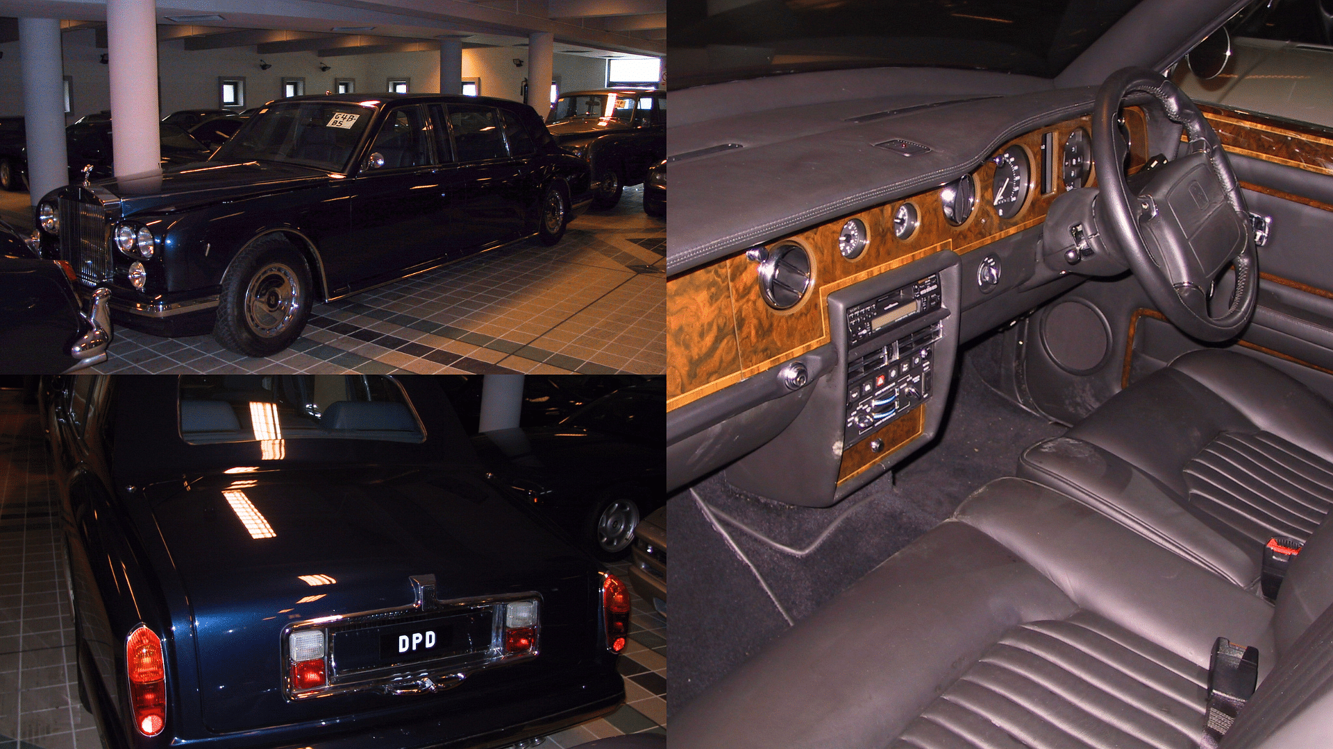 Sultan of Brunei's Rolls-Royce Majestic shown in dark blue color from side and rear view along with the dark grey interior which features brownish wood accents