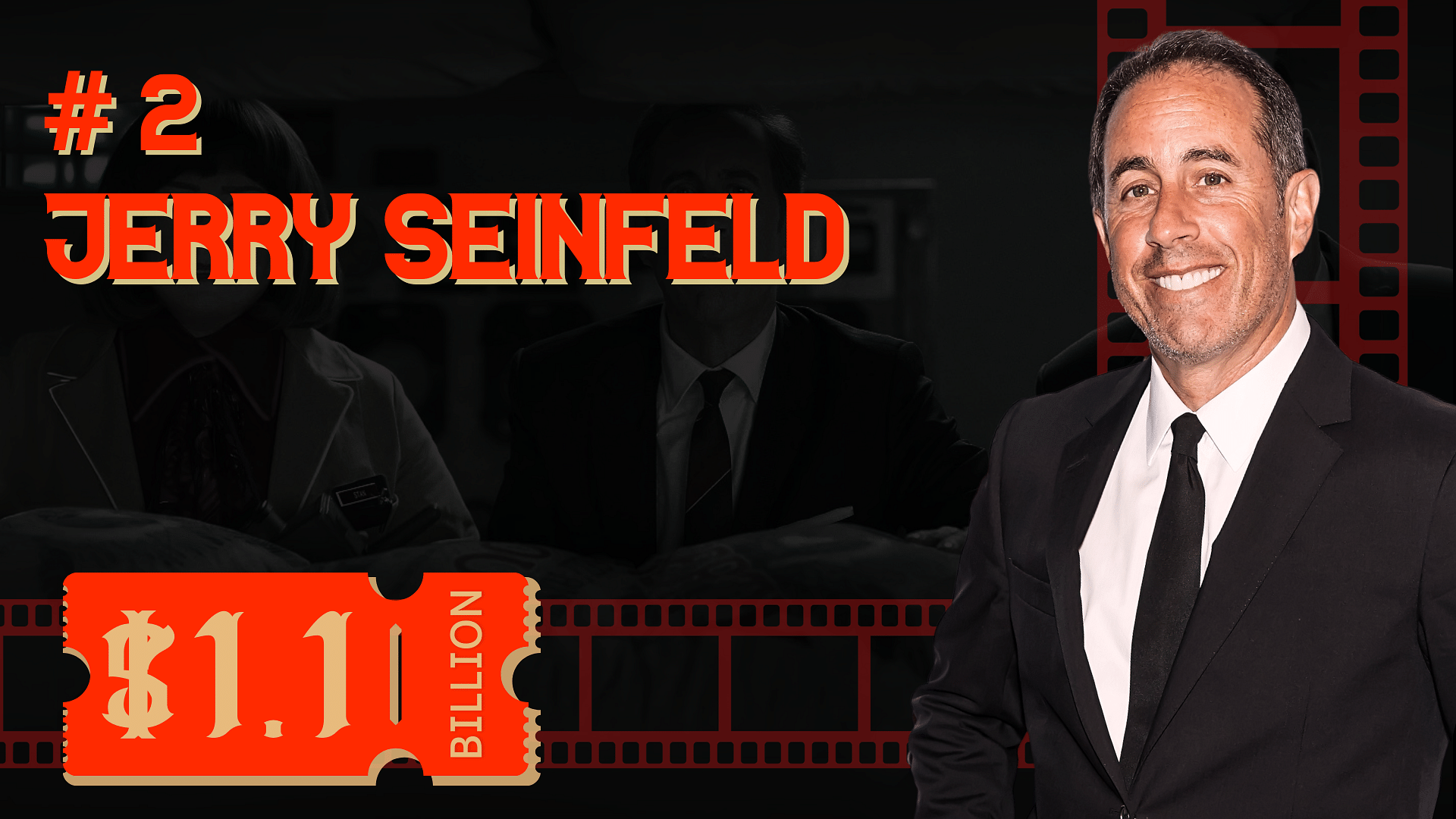 Jerry Seinfeld's Net Worth and his cutout on right and one of his famous movies shot as background