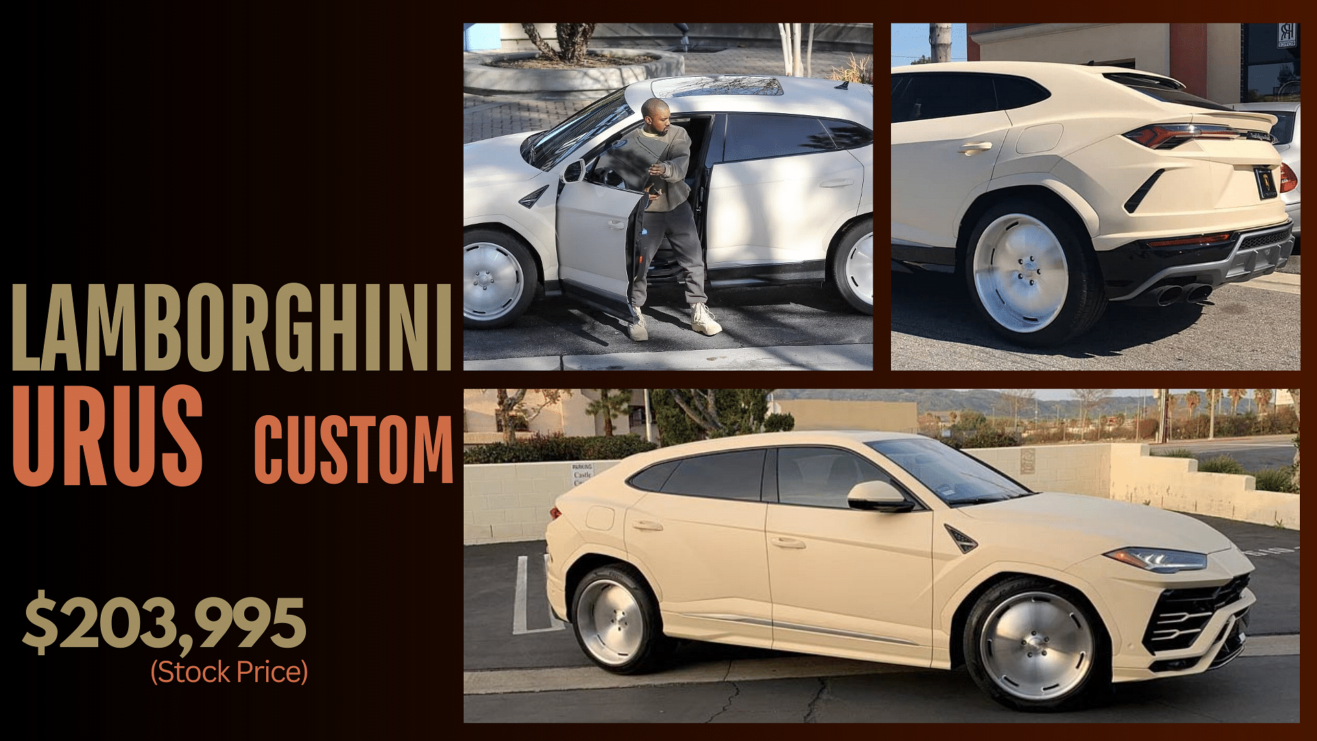 Collage of kanye west's custom matt tan Lamborghini Urus