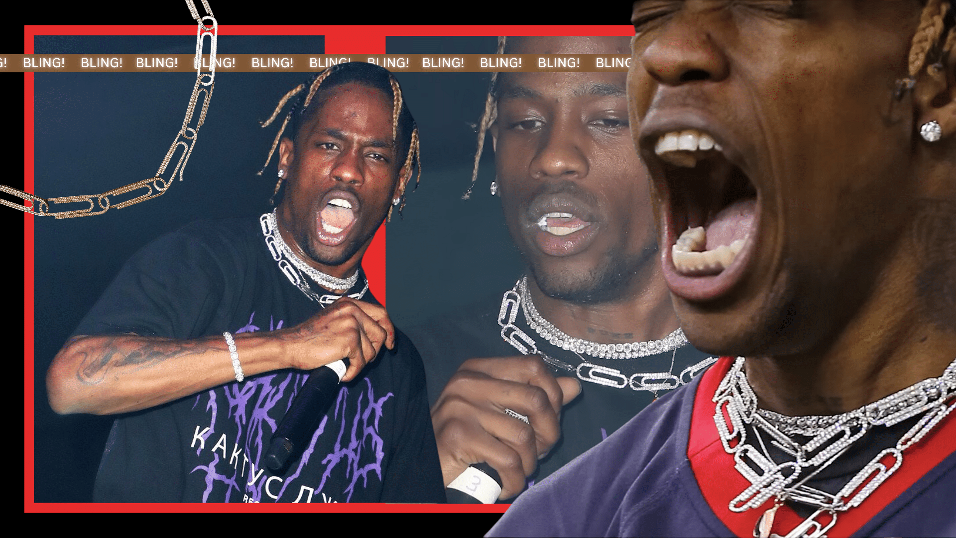 Collage of Travis Scott's diamond encrusted paperclip chain