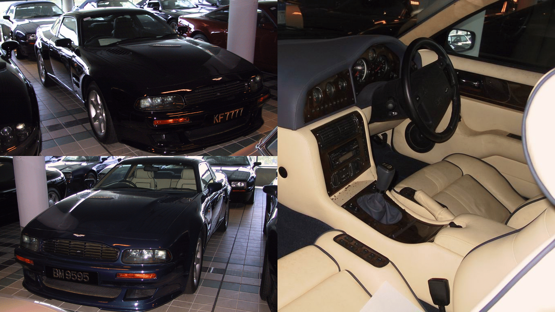 Sultan of Brunei's Aston Martin Vantage models shown in black and blue along with an interior view which features beige seats