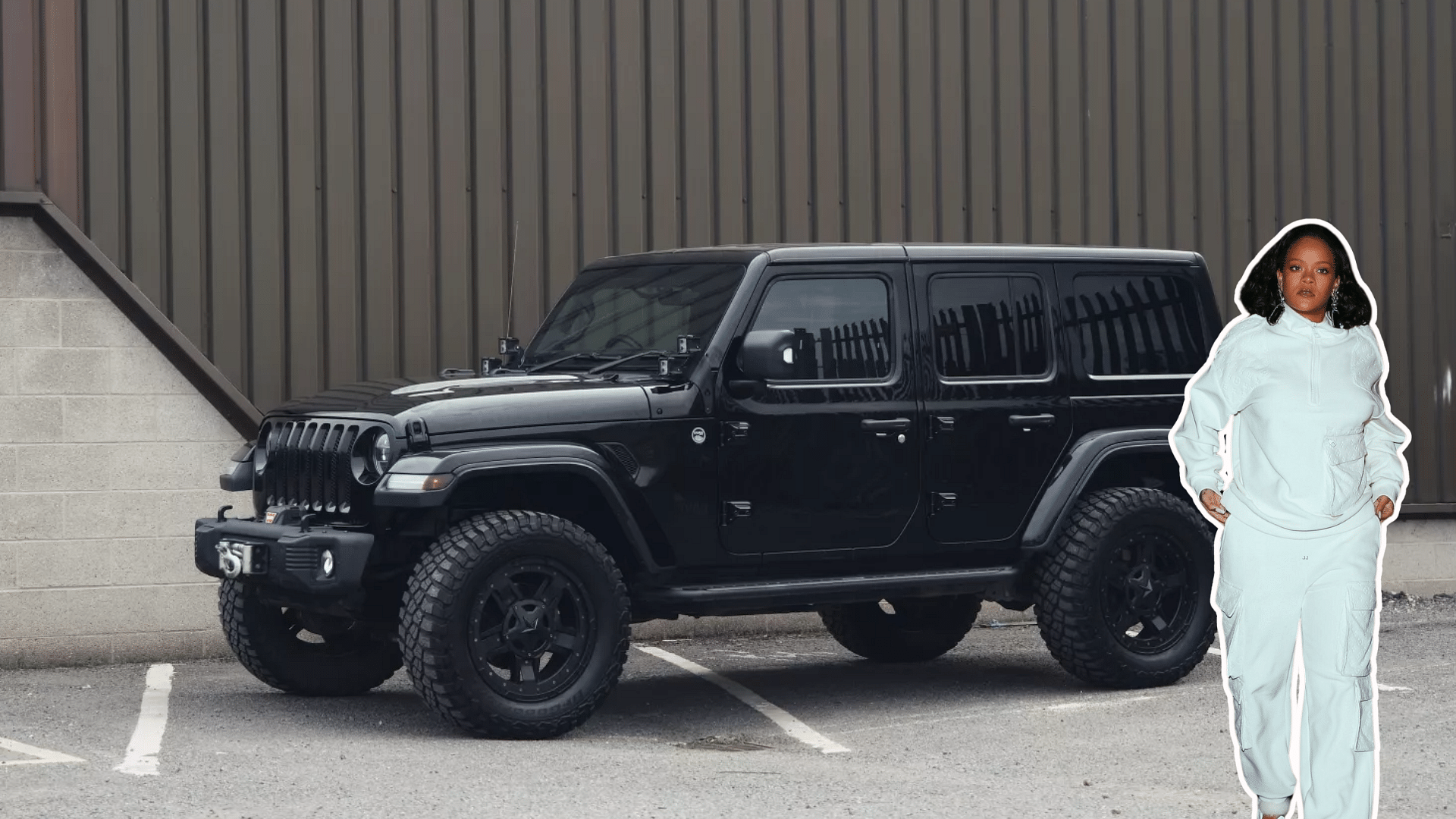 An image of Rihanna standing in front of a black Jeep Wrangler.