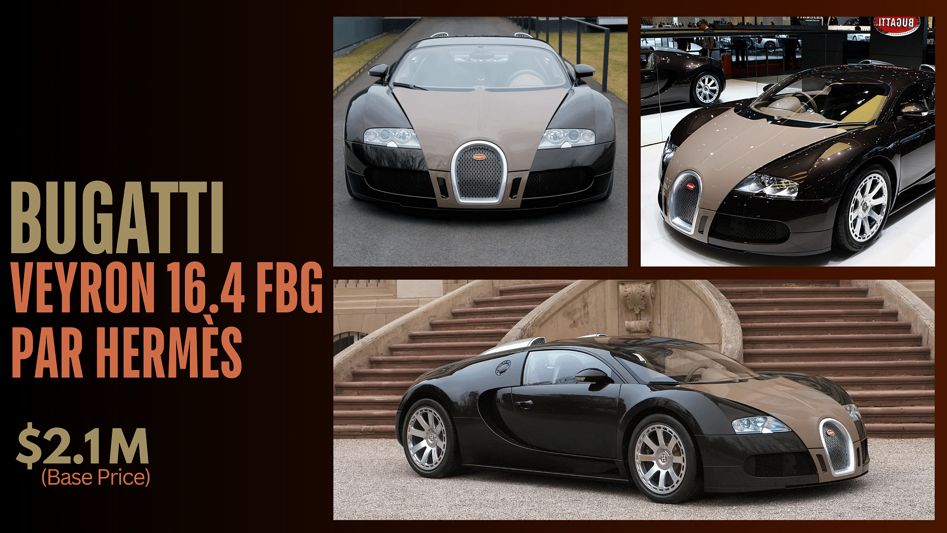 Collage of kanye west's  two tone Bugatti Veyron 16.4 FBG Par Hermès