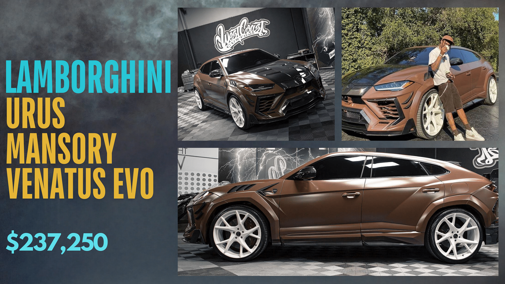 Collage of Travis Scott's brown Lamborghini Urus Mansory Venatus Evo