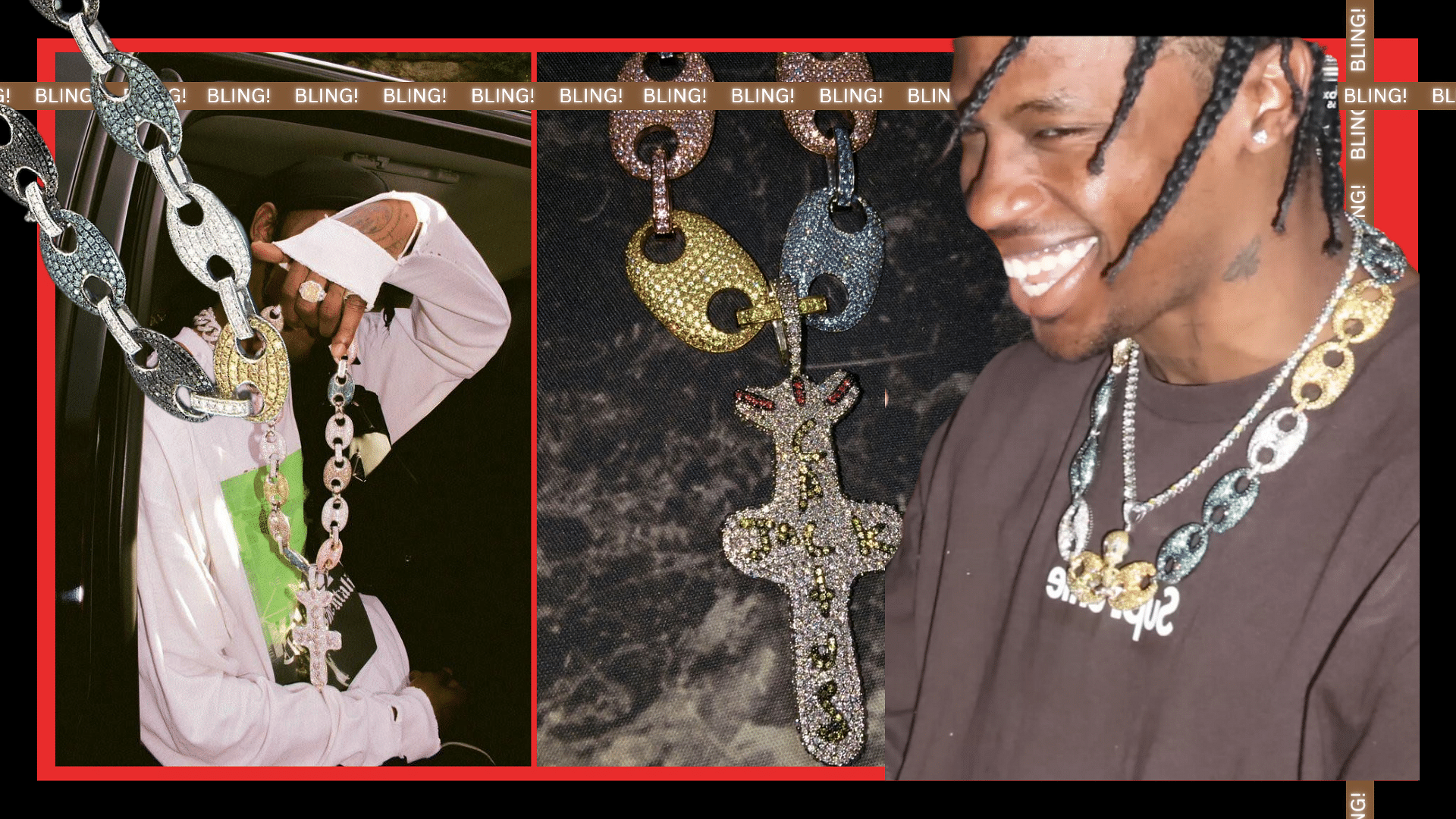 Collage of Travis Scott's iced puffy gucci link chains