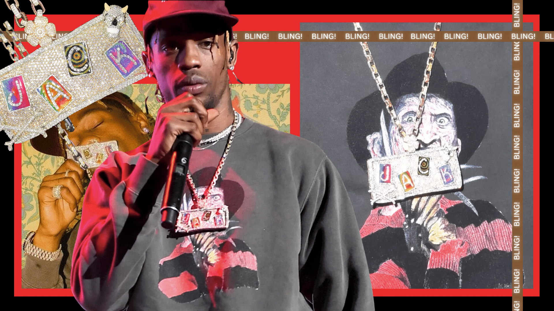 Collage of Travis Scott's hand carved jack pendant