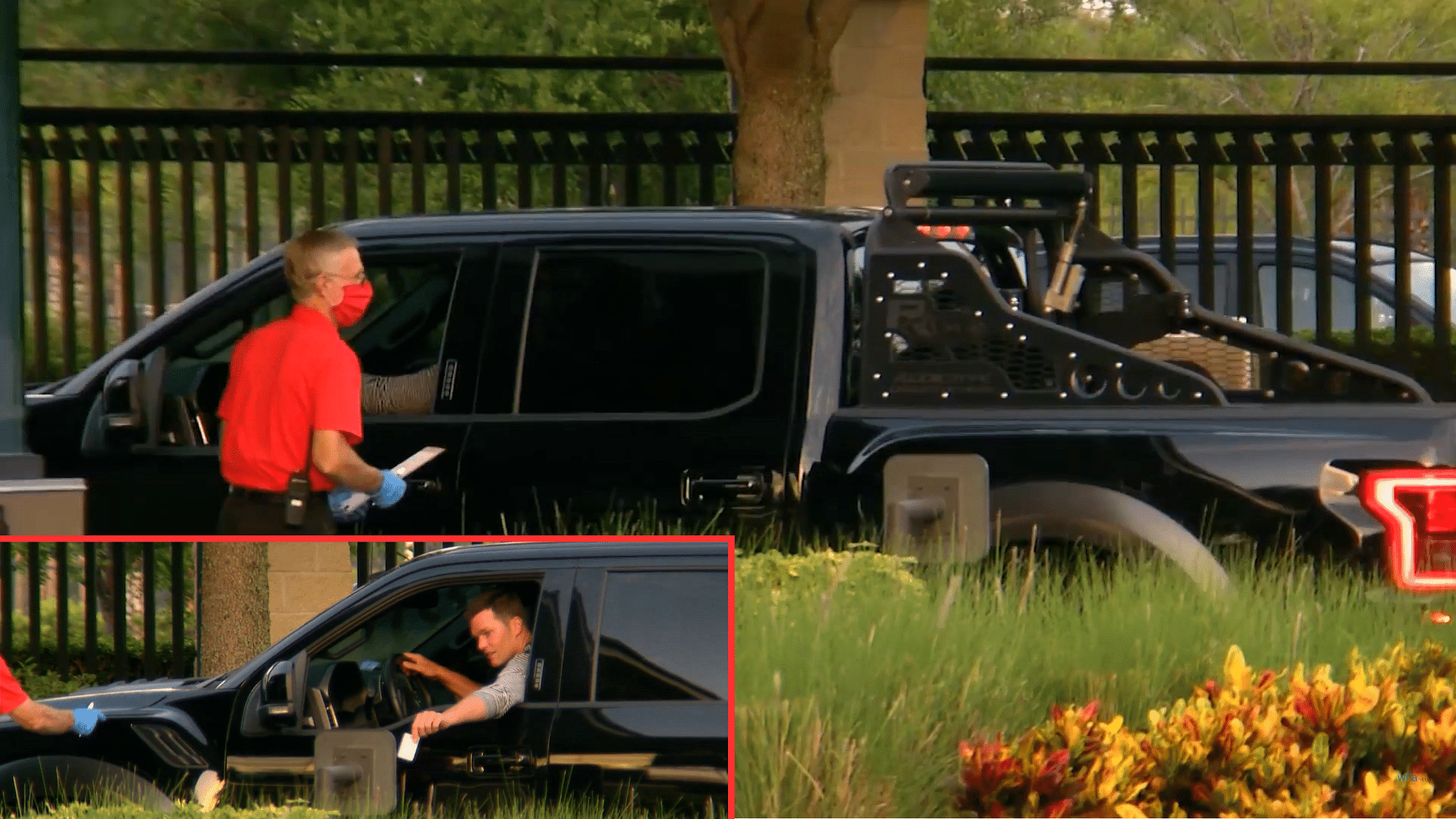 Tom Brady entering the Buccaneers' training facility in his Ford F-150 Raptor