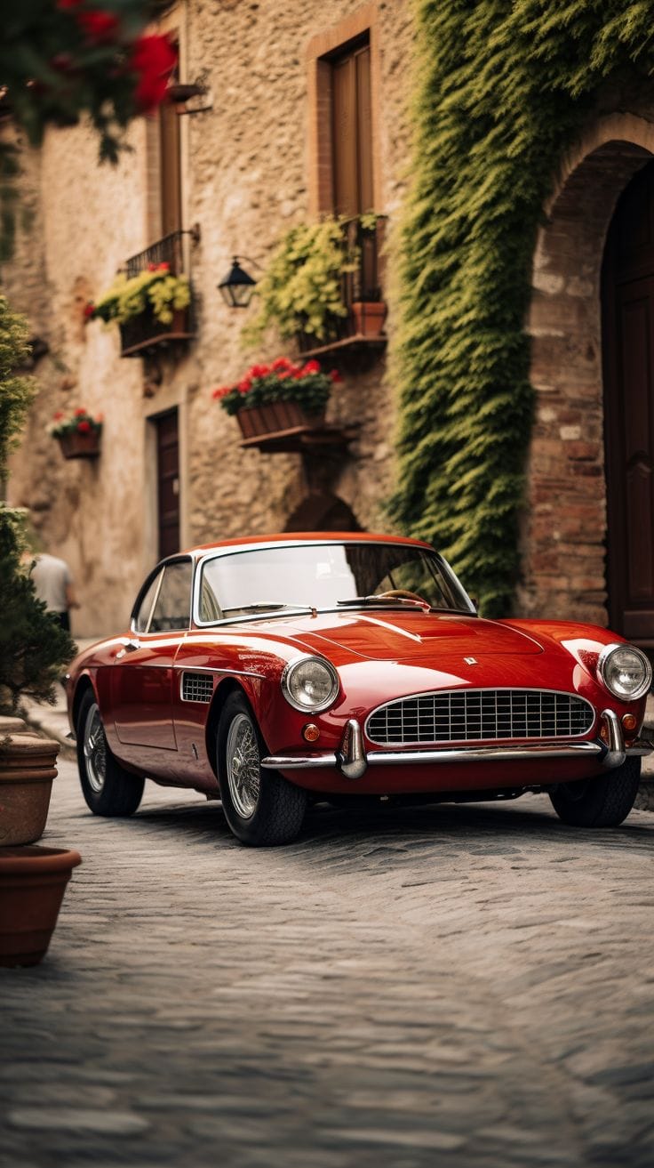 Classic 1960s red Ferrari race car parked on a cobblestone street at sunset