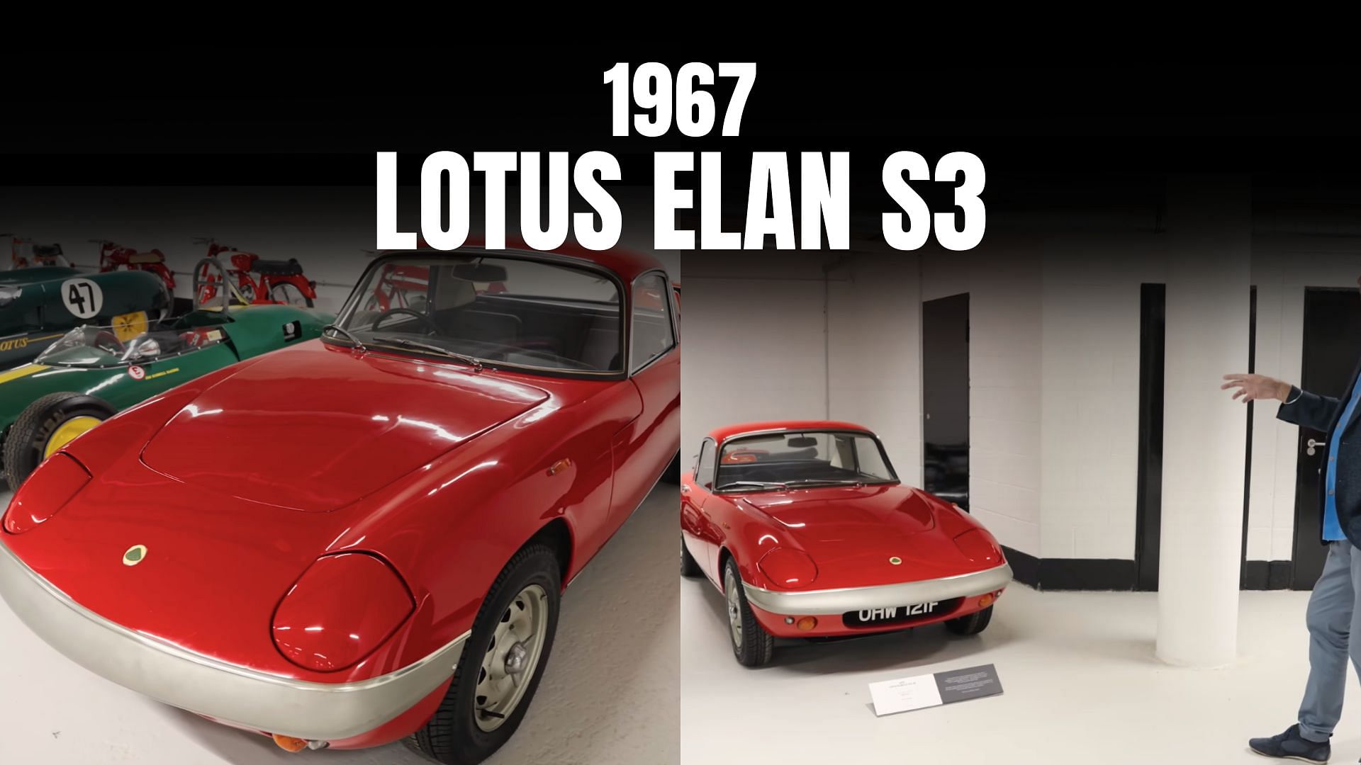 A collage of Gordon Murray's red Lotus Elan