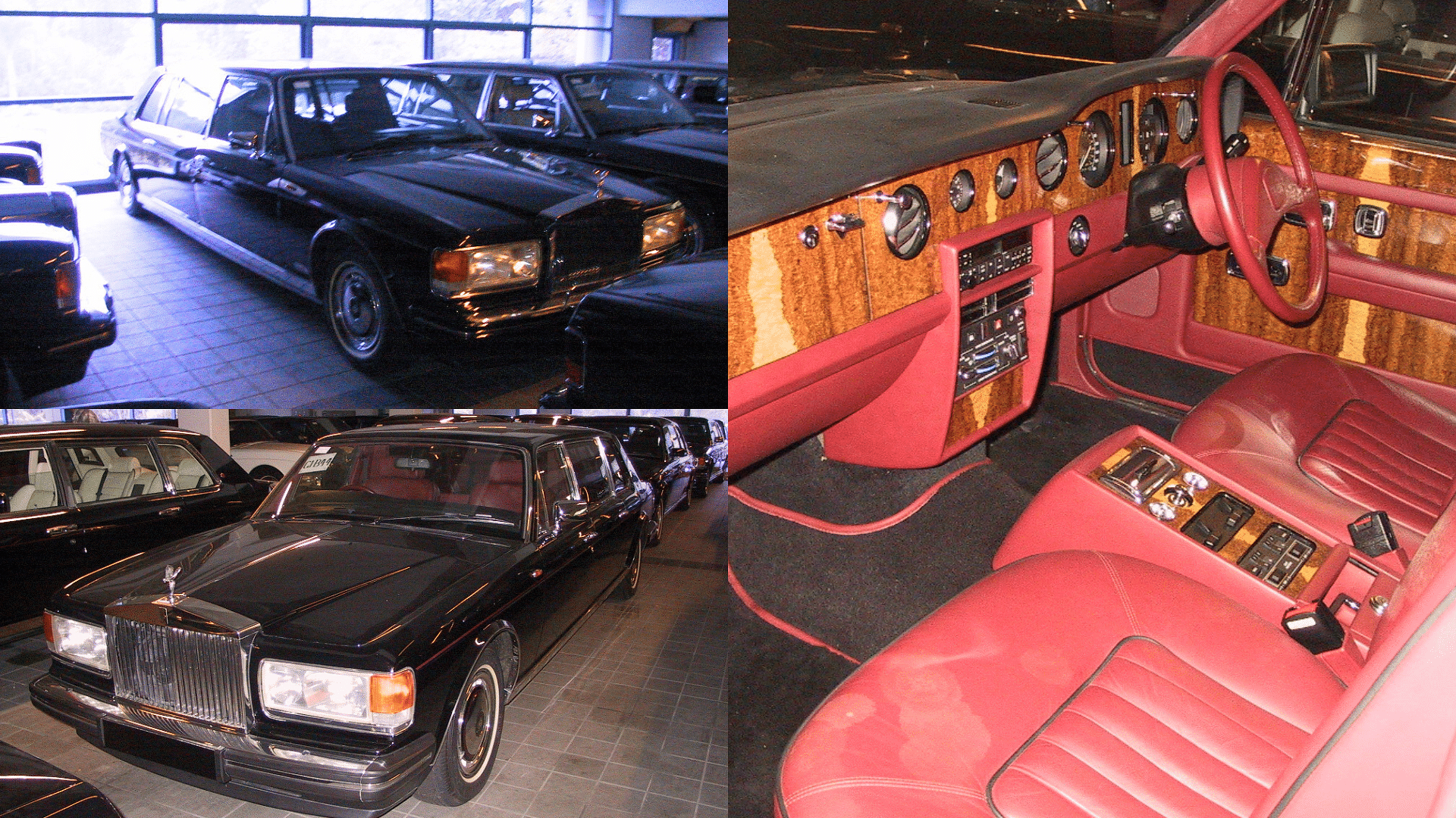 Sultan of Brunei's Rolls-Royce Silver Spirit shown in black along with its red interior which features light brown wood accents on the dash and door panels