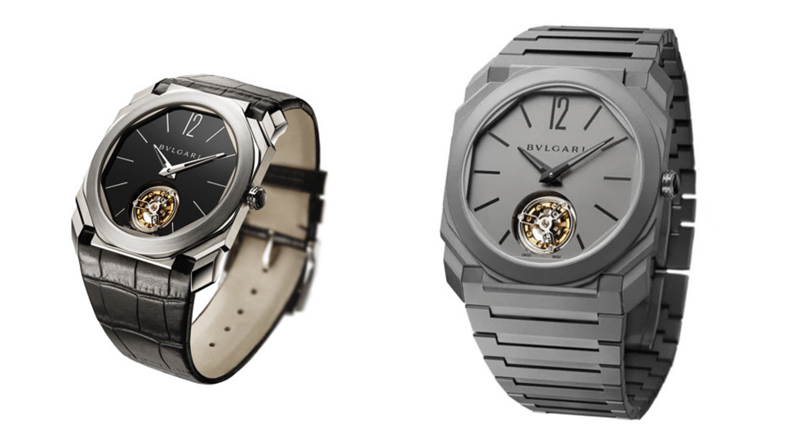 Two Bvlgari Octo Finissimo Tourbillon models shown from top angle