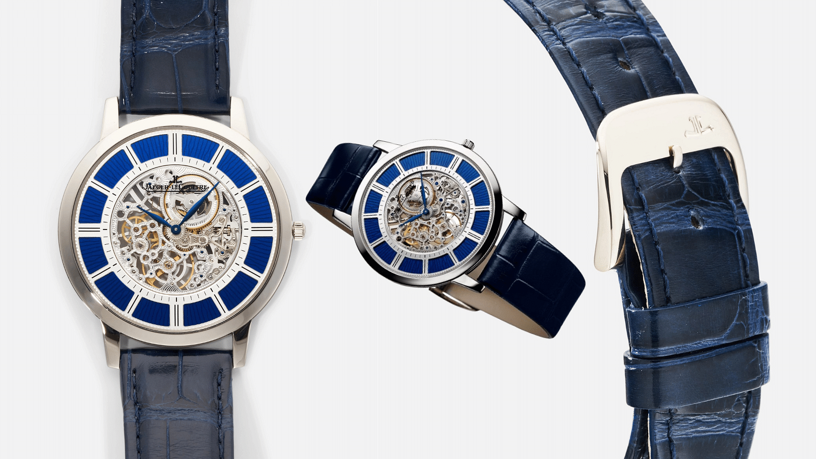 Jaeger-LeCoultre Master Ultra-Thin Squelette shown from top angle along with a zoom-in view of the blue leather belt