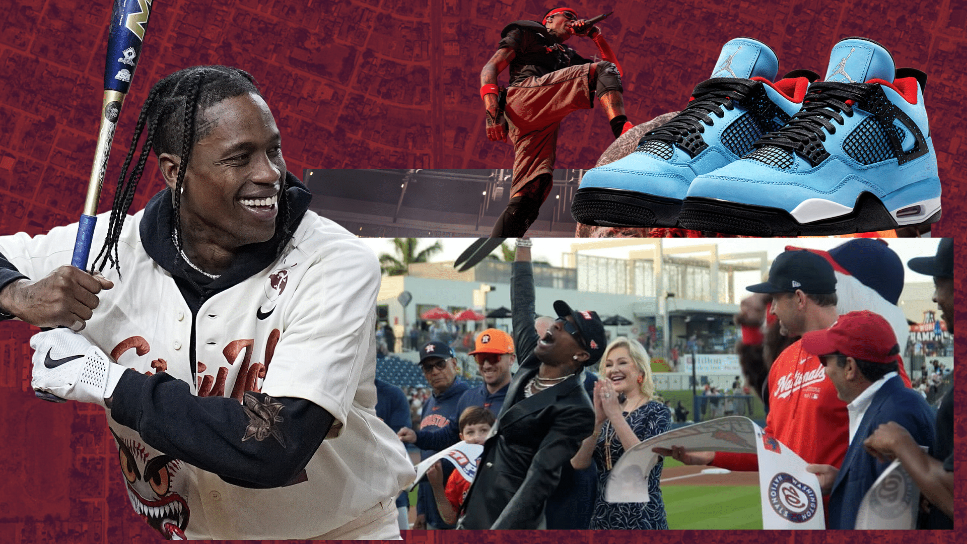 Collage of Travis Scott with images depicting the impact of  Houston in everything he does