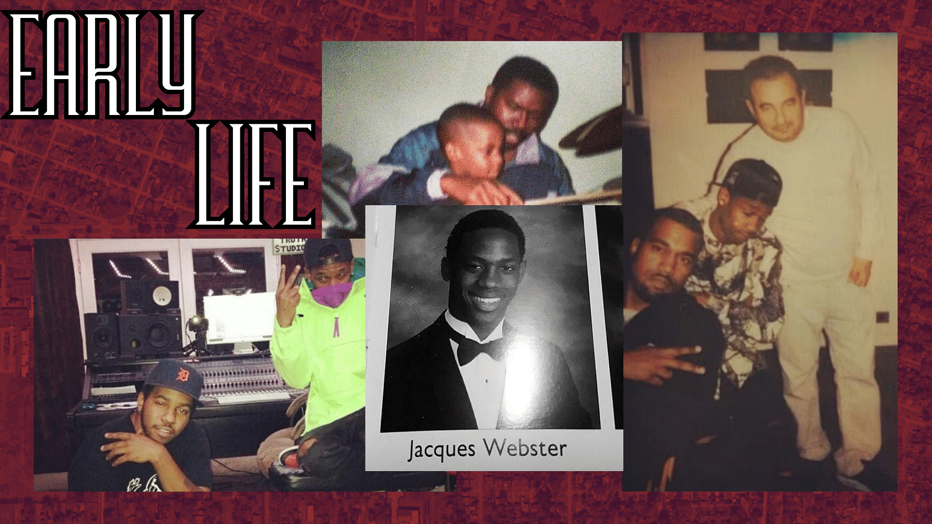 collage of Travis Scott with his father, Kanye west and school yearbook.