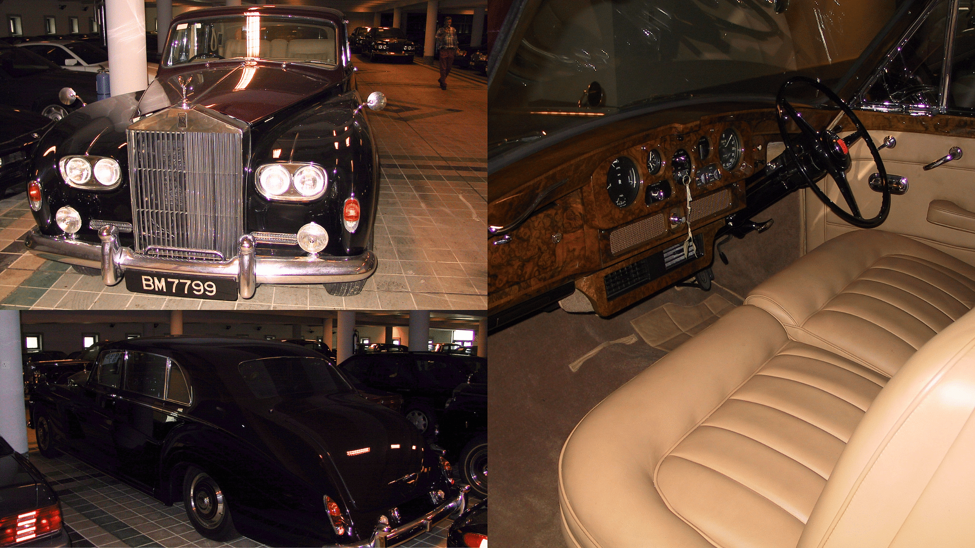 Sultan of Brunei's Rolls-Royce Phantom V shown in black from front and rear end along with the view of the beige interior with the brown woodwork